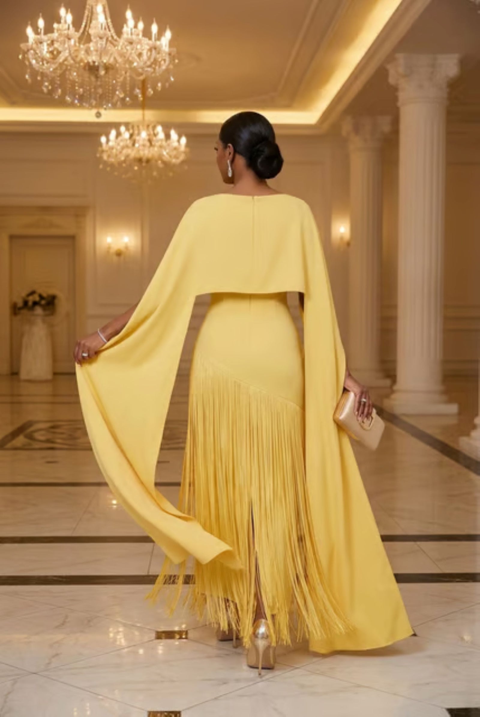 Golden Fringe Cape Gown