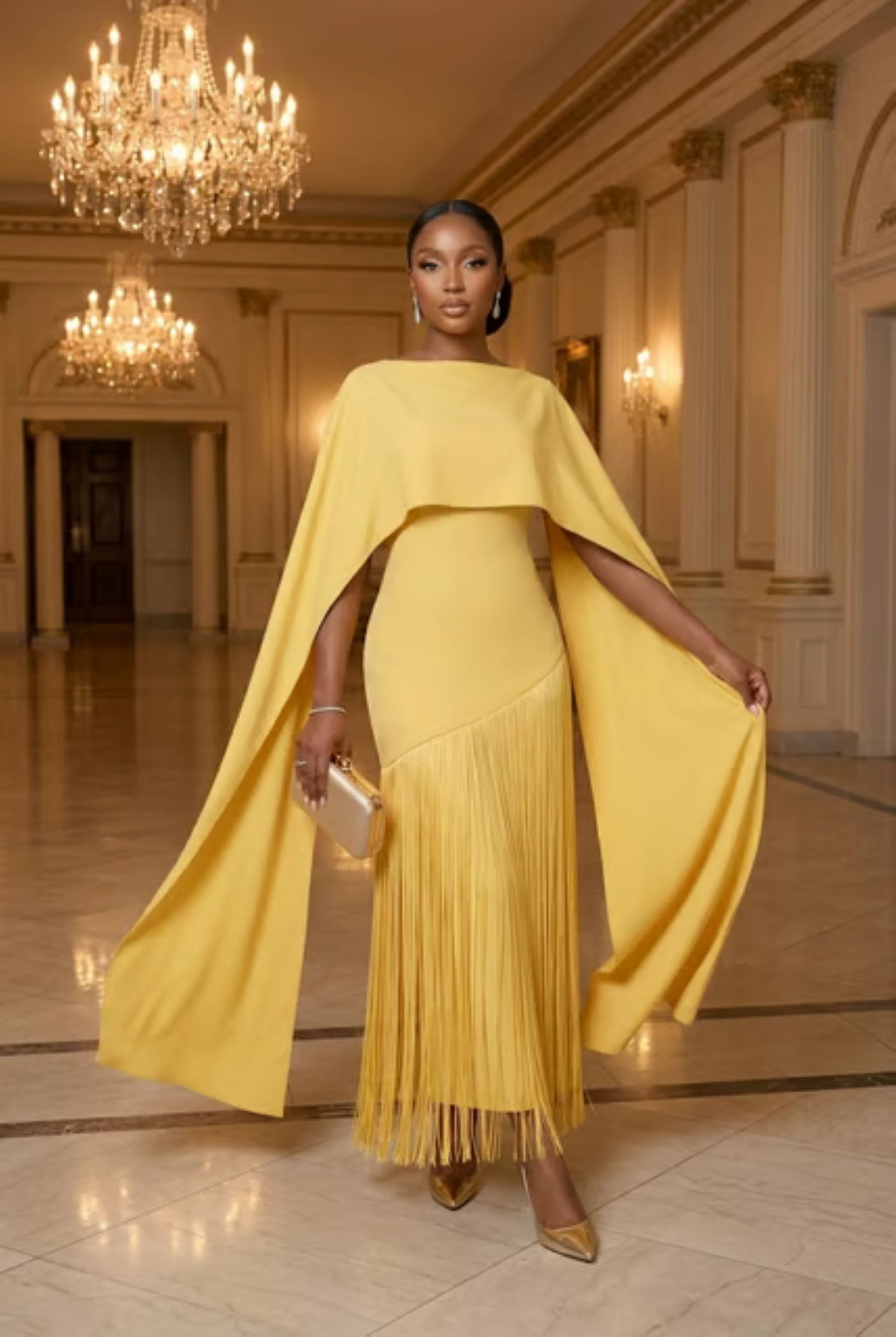 Golden Fringe Cape Gown